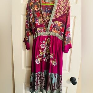 Johnny Was Fuchsia Pink Blue Princess Diana Babydoll Bohemian Midi Dress